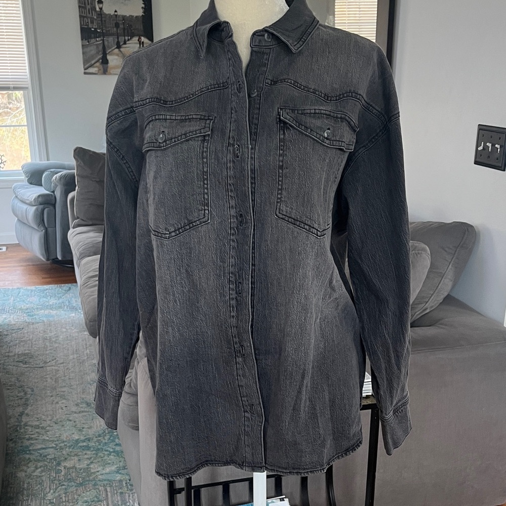 Gloria Vanderbilt Washed Black Denim Button-Up Shirt